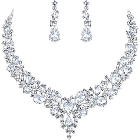 Women’s Austrian Crystal Teardrop Statement Necklace & Earrings Set - Picture 1 of 5